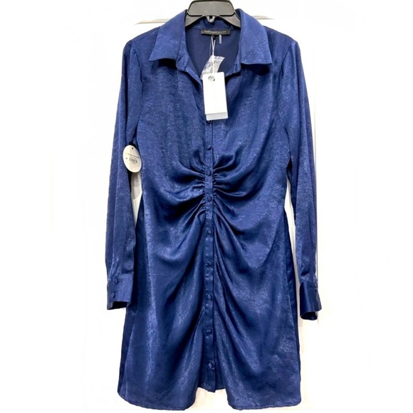 Anthropologie Endless Rose Ruched Bodycon Satin Shirtdress long sleeve LARGE NWT - Picture 1 of 12